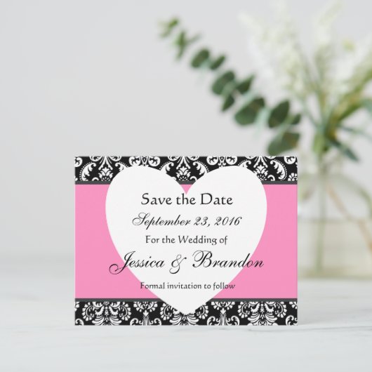 Zwart Wit Roze Damask Save Date Briefkaart 3 (Staand voorkant)