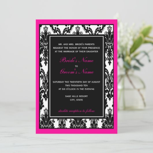 Zwart Wit Roze Damast Bruiloft Kaart (Staand voorkant)
