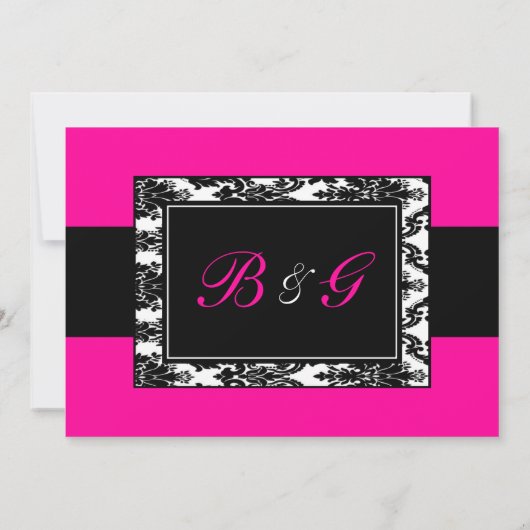 Zwart Wit Roze Damast Bruiloft Kaart (Achterkant)