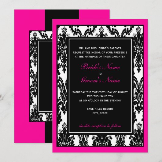 Zwart Wit Roze Damast Bruiloft Kaart (Voorkant / Achterkant)