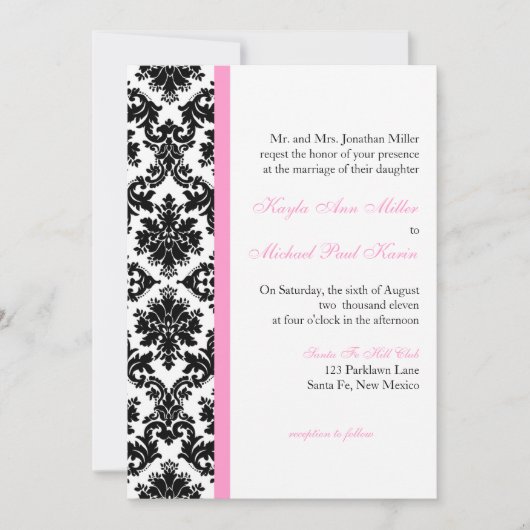 Zwart Wit Roze Damast bruiloft uitnodiging (Voorkant)