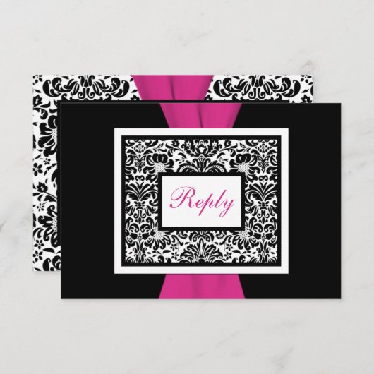 Zwart, Wit, Roze Damast GEDRUKT LINT RSVP (Voorkant / Achterkant)