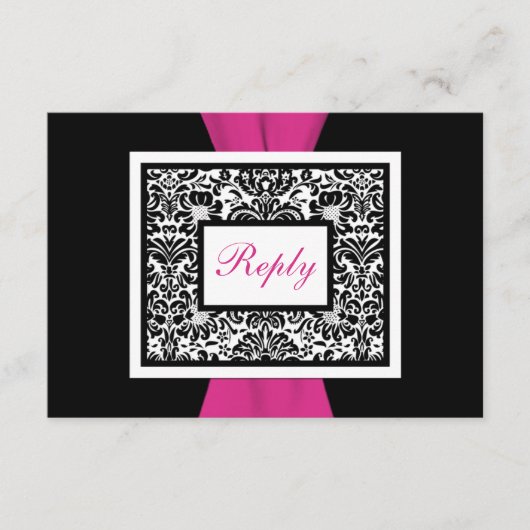 Zwart, wit, roze damast GEDRUKTE LINT RSVP (Voorkant)