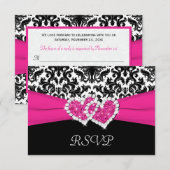 Zwart, Wit, Roze Damast & Hartjes Antwoordkaart RSVP Kaartje (Voorkant / Achterkant)