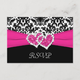 Zwart, Wit, Roze Damast & Hartjes Antwoordkaart RSVP Kaartje