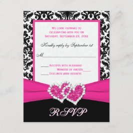 Zwart, Wit, Roze Damast & Hartjes Antwoordkaart RSVP Kaartje