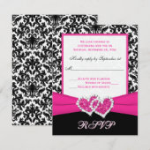 Zwart, Wit, Roze Damast & Hartjes Antwoordkaart RSVP Kaartje (Voorkant / Achterkant)