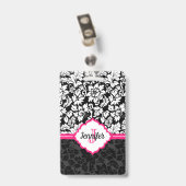 Zwart wit & roze damast met monogram badge (Achterkant met clip)