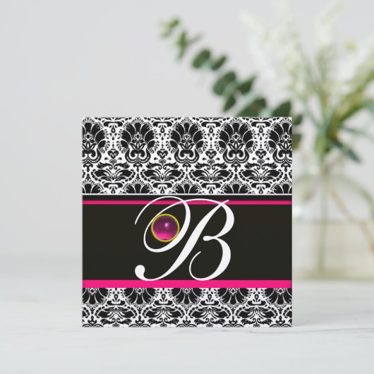 ZWART WIT ROZE DAMAST MONOGRAM Amethist Zilver Kaart (Staand voorkant)