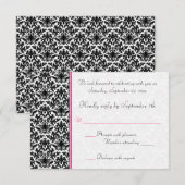 Zwart, Wit, Roze Damast RSVP Kaart (Voorkant / Achterkant)