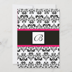 ZWART WIT ROZE DAMAST VIERKANT MONOGRAM UITNODIGIN KAART