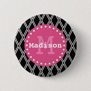 Zwart wit roze diamantpatroon monogram ronde button 5,7 cm
