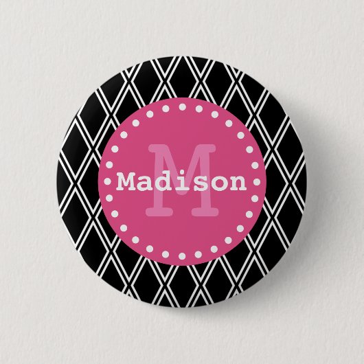 Zwart wit roze diamantpatroon monogram ronde button 5,7 cm (Voorkant)