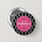Zwart wit roze diamantpatroon monogram ronde button 5,7 cm (Voorkant /achterkant)