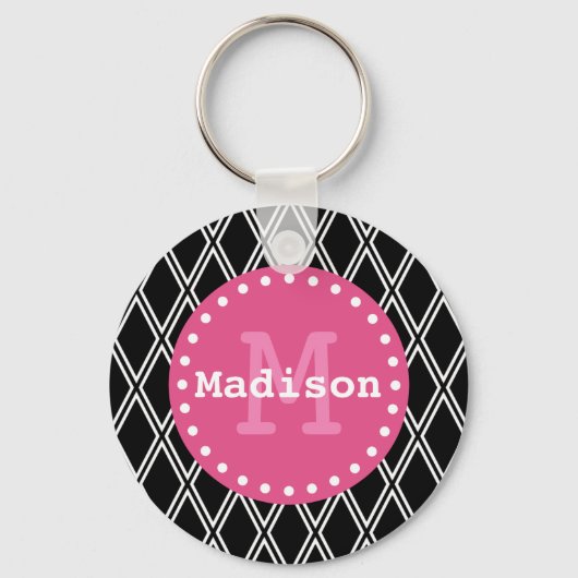 Zwart wit roze diamantpatroon monogram sleutelhanger (Voorkant)