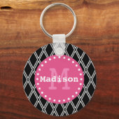 Zwart wit roze diamantpatroon monogram sleutelhanger (Voorkant)