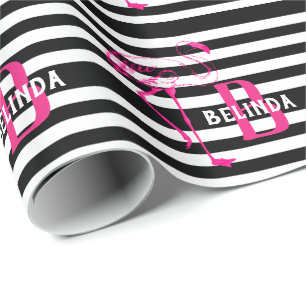Zwart Wit Roze FLamingo Gift Monogram HER Cadeaupapier
