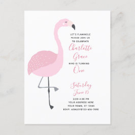 Zwart Wit Roze Flamingo Meisje 1e Verjaardagsfeest Uitnodiging Briefkaart