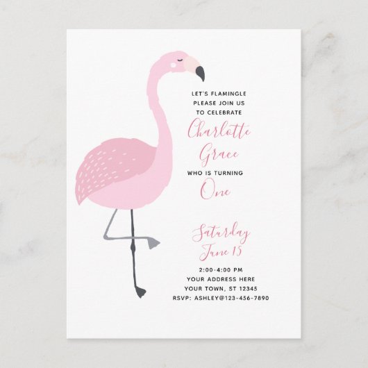 Zwart Wit Roze Flamingo Meisje 1e Verjaardagsfeest Uitnodiging Briefkaart (Voorkant)