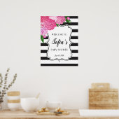 Zwart-wit Roze Floral Shower-bord Poster (Keuken)