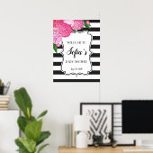Zwart-wit Roze Floral Shower-bord Poster (Thuiskantoor)