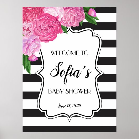 Zwart-wit Roze Floral Shower-bord Poster (Voorkant)