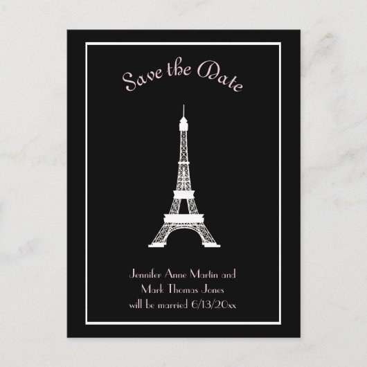 Zwart Wit Roze Franse Eiffeltoren Save the Date Aankondigingskaart (Voorkant)