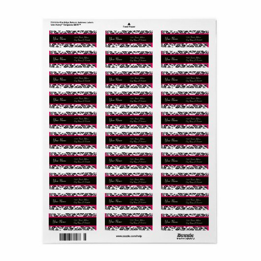 ZWART WIT ROZE FUCHSIA ART NOUVEAU DAMASK ETIKET (Full Sheet)