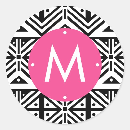 Zwart Wit Roze Geometrisch Tribal Patroon Monogram Ronde Sticker (Voorkant)
