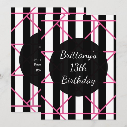 Zwart Wit & Roze Geometrische Feestuitnodigingen Kaart (Voorkant / Achterkant)