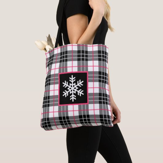 Zwart, wit, roze geplakt met Snowflake Canvas tas (Dichtbij)