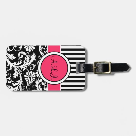 Zwart, wit, roze gestreept Bagagelabel (Voorkant horizontaal)