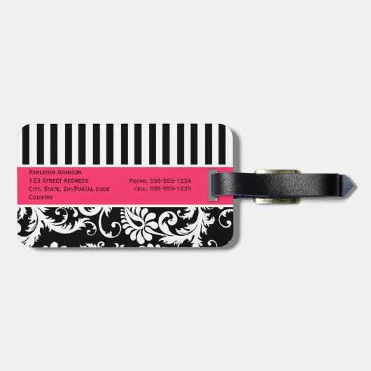 Zwart, wit, roze gestreept Bagagelabel (Achterkant horizontaal)