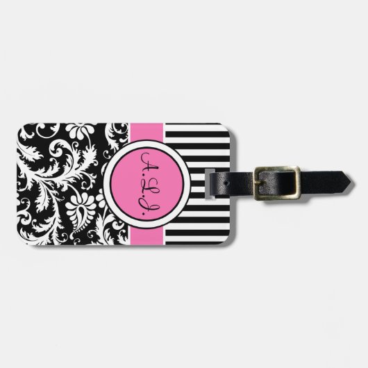 Zwart, wit, roze gestreept Bagagelabel (Voorkant horizontaal)