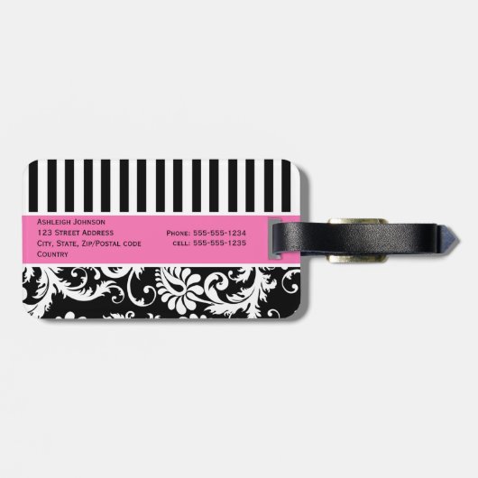 Zwart, wit, roze gestreept Bagagelabel (Achterkant horizontaal)