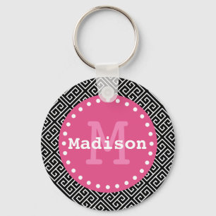 Zwart wit roze Grieks monogram Sleutelhanger