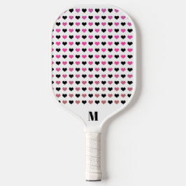 Zwart wit roze harten patroon | Modern Monogram Pickleball Paddle