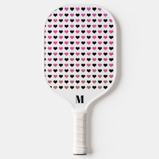 Zwart wit roze harten patroon | Modern Monogram Pickleball Paddle (Voorkant)