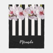 Zwart wit roze kersenbloemen zwart strepen naam fleece deken (Voorkant)
