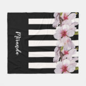 Zwart wit roze kersenbloemen zwart strepen naam fleece deken (Voorkant (Horizontaal))