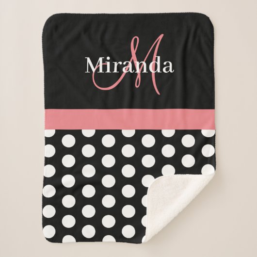 Zwart Wit Roze Monogram Polka Dot Sherpa Deken (Voorkant)
