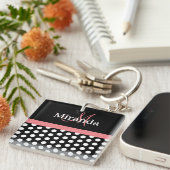 Zwart Wit Roze Monogram Polka Dot Sleutelhanger (Voorkant Rechts)