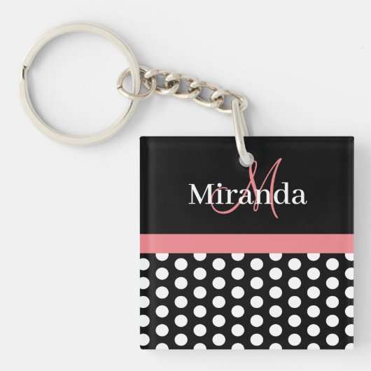 Zwart Wit Roze Monogram Polka Dot Sleutelhanger (voorkant)