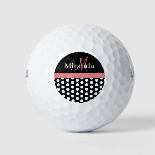 Zwart Wit Roze Monogram Polka Punt Golfballen (Voorkant)