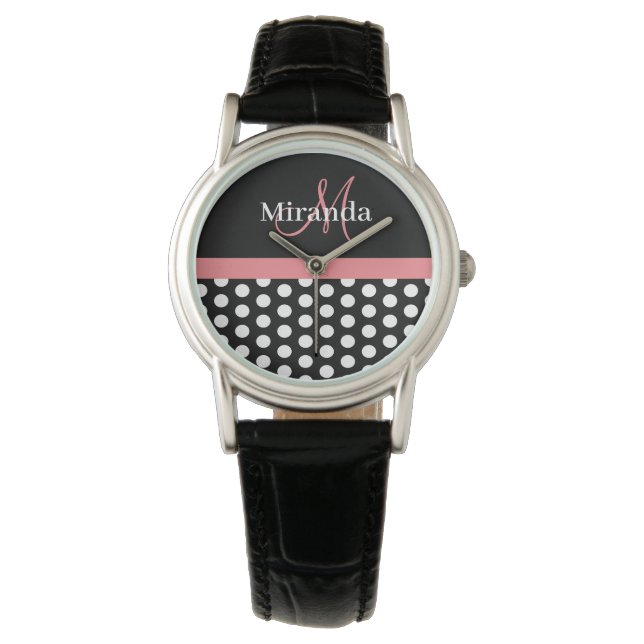 Zwart Wit Roze Monogram Polka Punt Horloge (Voorkant)