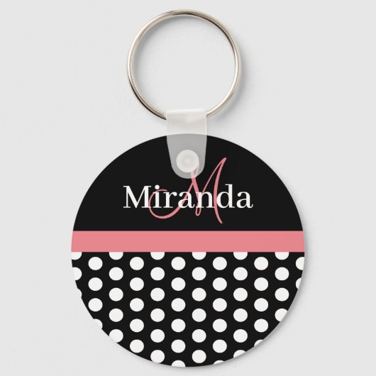Zwart Wit Roze Monogram Polka Punt Sleutelhanger (Voorkant)