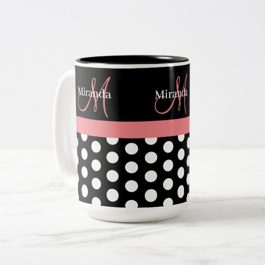 Zwart Wit Roze Monogram Polka Punt Tweekleurige Koffiemok (Voorkant links)