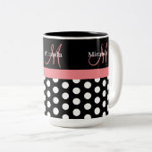 Zwart Wit Roze Monogram Polka Punt Tweekleurige Koffiemok (Voorkant rechts)