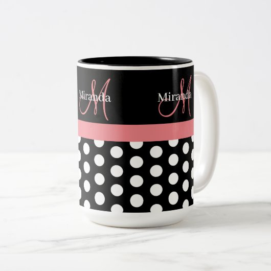 Zwart Wit Roze Monogram Polka Punt Tweekleurige Koffiemok (Voorkant rechts)