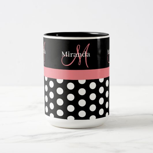 Zwart Wit Roze Monogram Polka Punt Tweekleurige Koffiemok (Center)